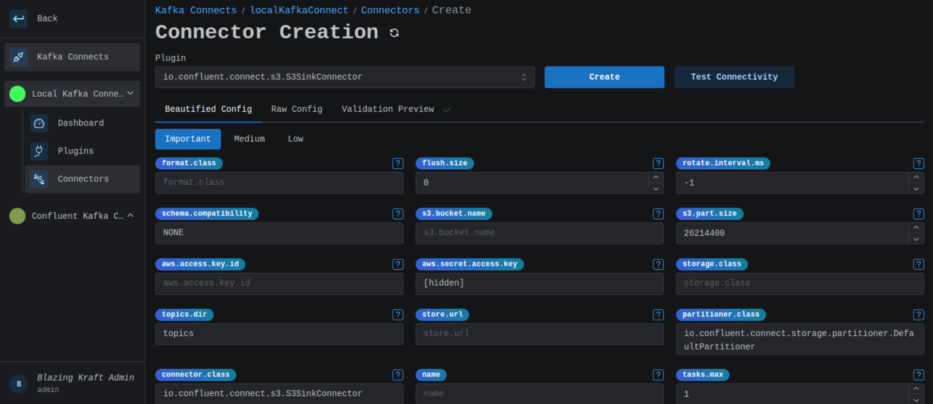 Kafka Connect Create Connector Beautified Configuration Image